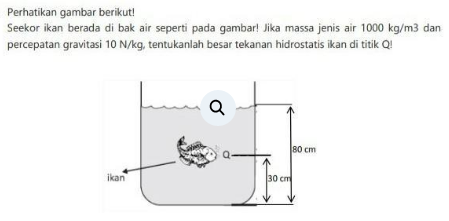 Seekor ikan berada dalam bak air seperti pada gambar. jika massa jenis air 1000 kg/m³ dan percepatan gravitasi 10N/kg, tentukanlah besar tekanan hidrostatis ikan di titik Q!