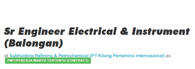 Lowongan kerja pertamina SSr Engineer Electrical & Instrument (Balongan)