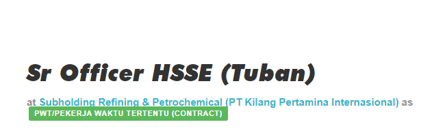 recruitment.pertamina.com Sr Officer HSSE (Tuban)
